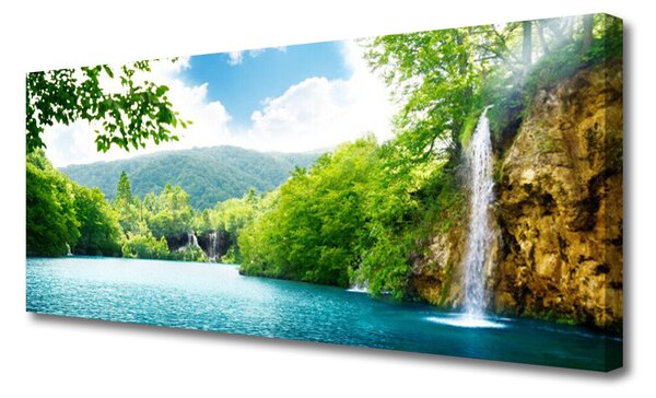 Tablou pe panza canvas Cascada Lacul Copaci Natura Alb Albastru Verde