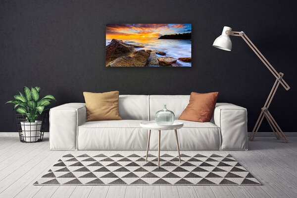 Tablou pe panza canvas Pietre Sea Sun Peisaj Galben Alb Gri Verde