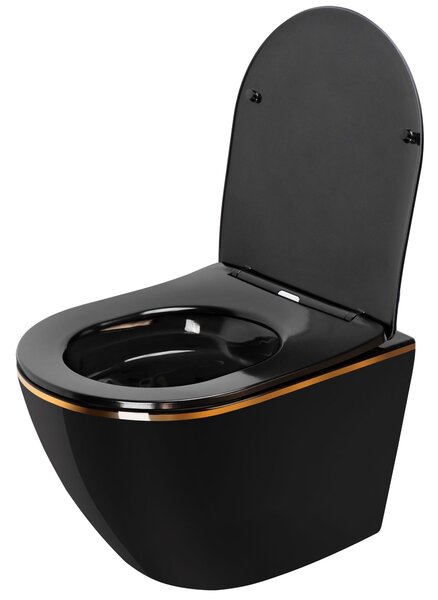 Rea Carlo Mini, bol suspendat fără margine 49x37 cm cu scaun cu închidere lentă, margine negru-aurie, REA-C8800