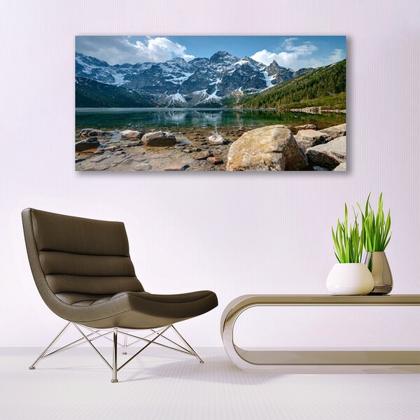Tablou pe panza canvas Mountain Lake Stones Peisaj Gri Albastru Verde Alb