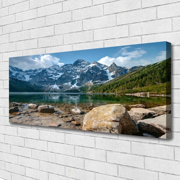 Tablou pe panza canvas Mountain Lake Stones Peisaj Gri Albastru Verde Alb