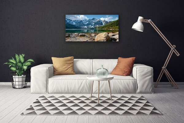 Tablou pe panza canvas Mountain Lake Stones Peisaj Gri Albastru Verde Alb