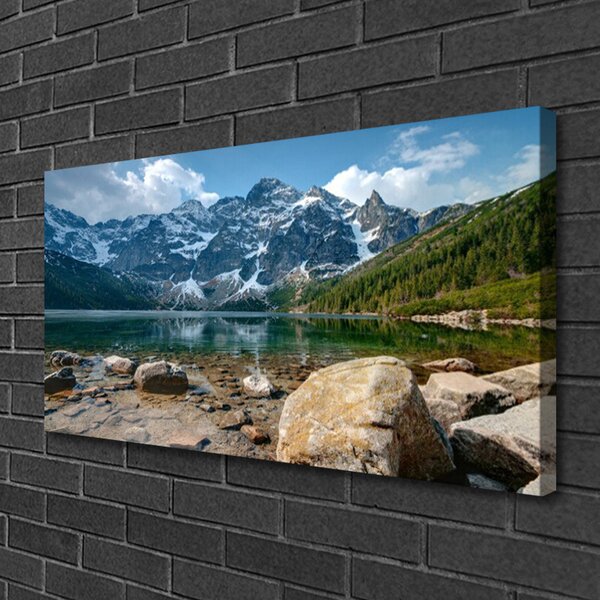 Tablou pe panza canvas Mountain Lake Stones Peisaj Gri Albastru Verde Alb
