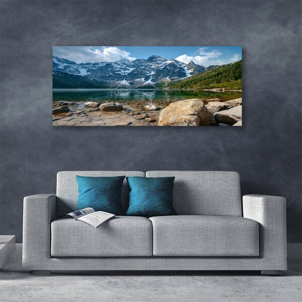 Tablou pe panza canvas Mountain Lake Stones Peisaj Gri Albastru Verde Alb