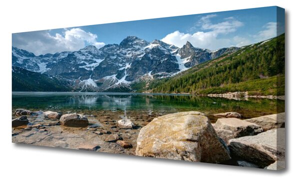 Tablou pe panza canvas Mountain Lake Stones Peisaj Gri Albastru Verde Alb