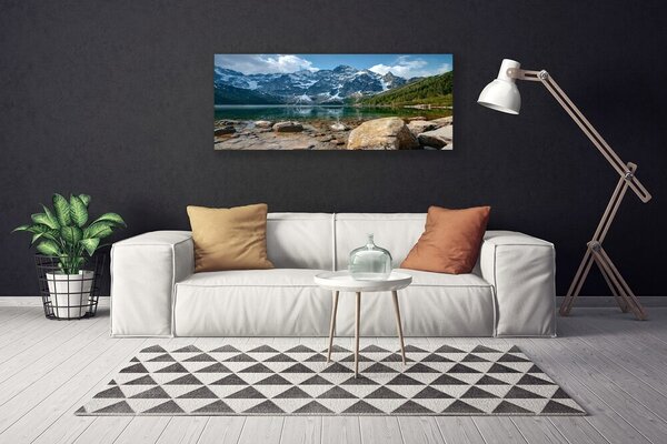 Tablou pe panza canvas Mountain Lake Stones Peisaj Gri Albastru Verde Alb