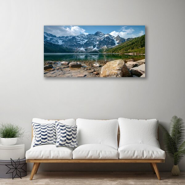 Tablou pe panza canvas Mountain Lake Stones Peisaj Gri Albastru Verde Alb