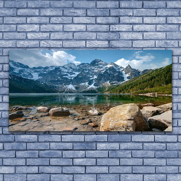 Tablou pe panza canvas Mountain Lake Stones Peisaj Gri Albastru Verde Alb