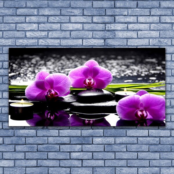 Tablou pe sticla Pietrele florale flori roz negru