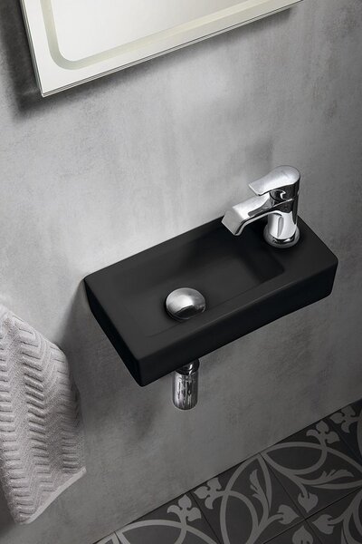 Sapho Sapho, chiuveta ceramica ZOE 37x18 cm, deschidere robinet pe dreapta, negru mat, AR495B