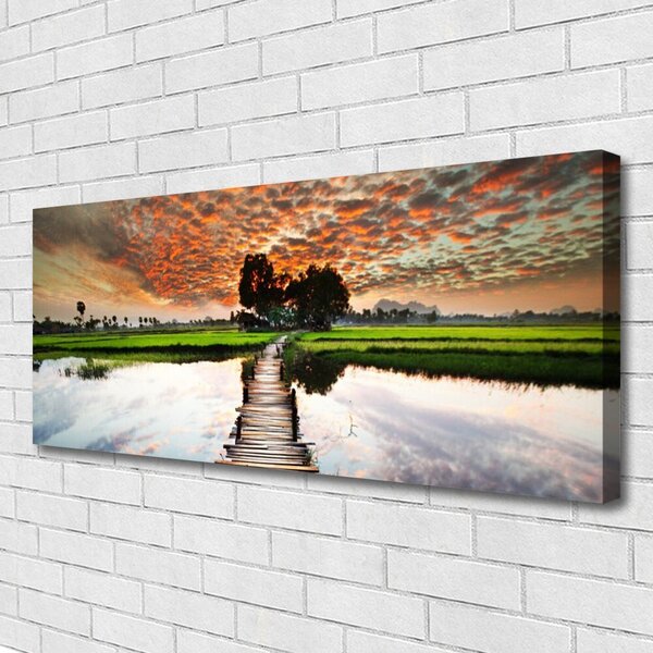 Tablou pe panza canvas Podul Lacul Peisaj Gri Albastru Alb