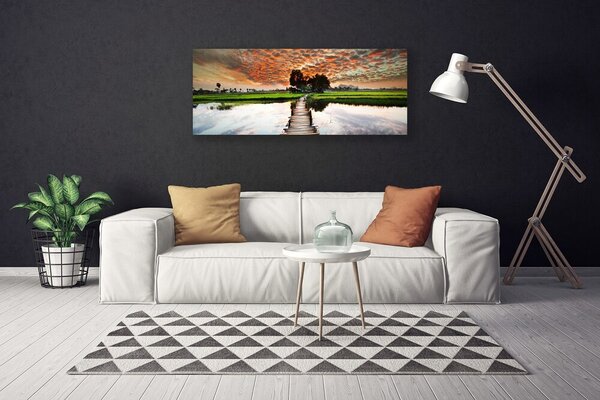 Tablou pe panza canvas Podul Lacul Peisaj Gri Albastru Alb