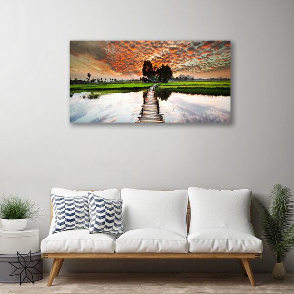 Tablou pe panza canvas Podul Lacul Peisaj Gri Albastru Alb