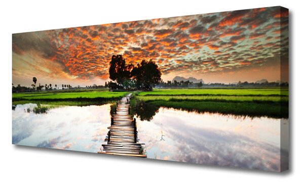 Tablou pe panza canvas Podul Lacul Peisaj Gri Albastru Alb