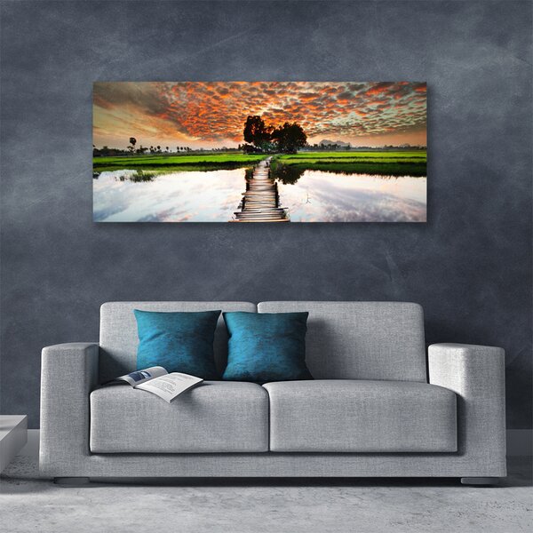 Tablou pe panza canvas Podul Lacul Peisaj Gri Albastru Alb