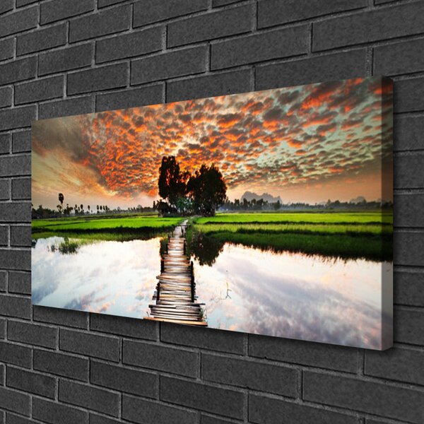Tablou pe panza canvas Podul Lacul Peisaj Gri Albastru Alb