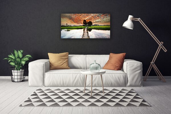 Tablou pe panza canvas Podul Lacul Peisaj Gri Albastru Alb