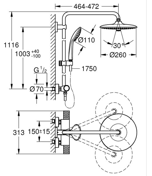 Grohe Vitalio Joy set de duș perete cu termostat cu duș de ploaie negru 264032432