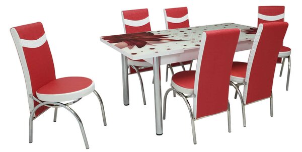 Set masă extensibilă Red Flower cu 6 scaune Star Roșu Alb