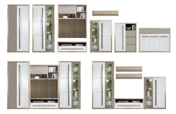 Vitrina ROMA 2, stejar/alb/gri, PAL/sticla, 90X43X194 CM