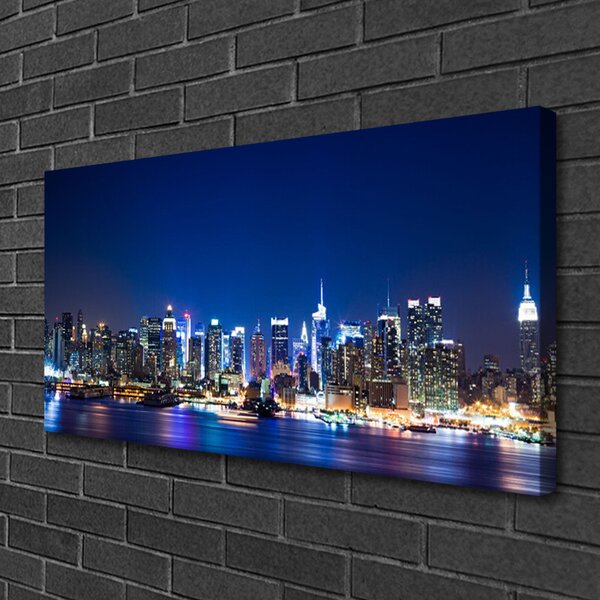 Tablou pe panza canvas Oraș Case Albastru Violet Roz Galben