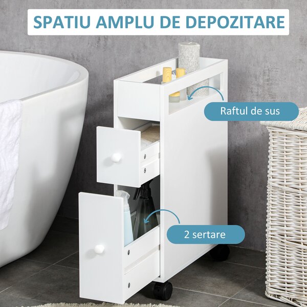 Kleankin Dulap Baie Mobil cu 4 Roti 2 Sertare și Suport Hartie Igienică | Aosom Romania