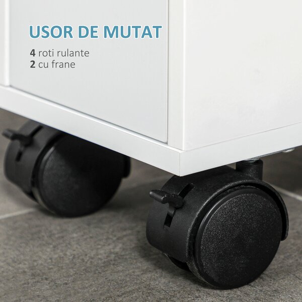 Kleankin Dulap Baie Mobil cu 4 Roti 2 Sertare și Suport Hartie Igienică | Aosom Romania