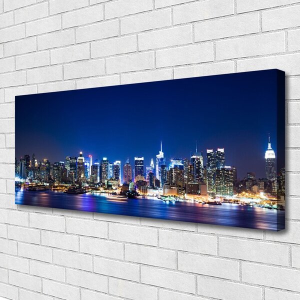 Tablou pe panza canvas Oraș Case Albastru Violet Roz Galben
