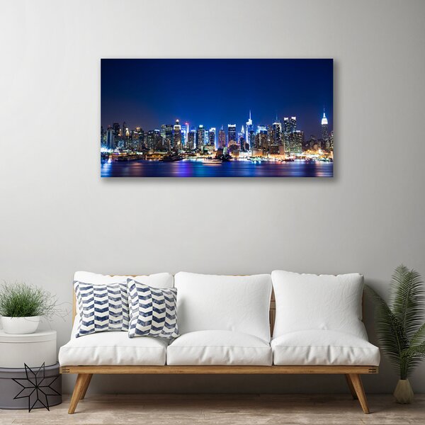 Tablou pe panza canvas Oraș Case Albastru Violet Roz Galben