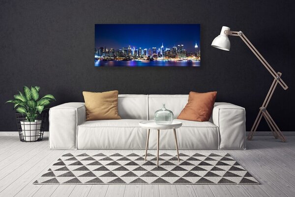 Tablou pe panza canvas Oraș Case Albastru Violet Roz Galben