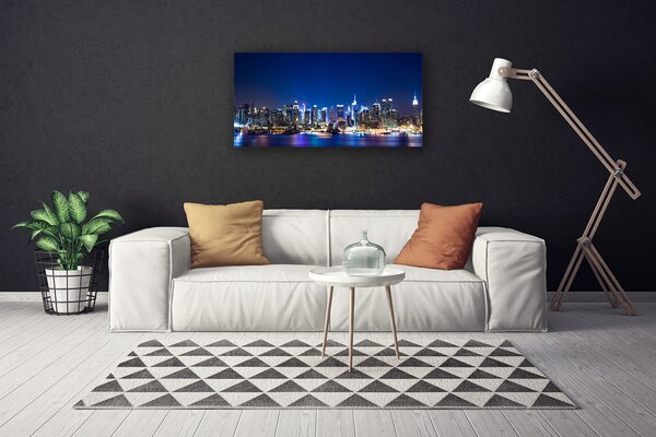Tablou pe panza canvas Oraș Case Albastru Violet Roz Galben