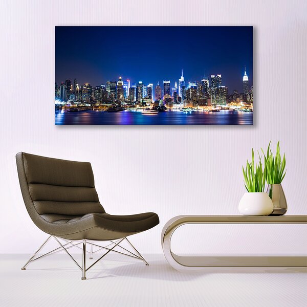 Tablou pe panza canvas Oraș Case Albastru Violet Roz Galben