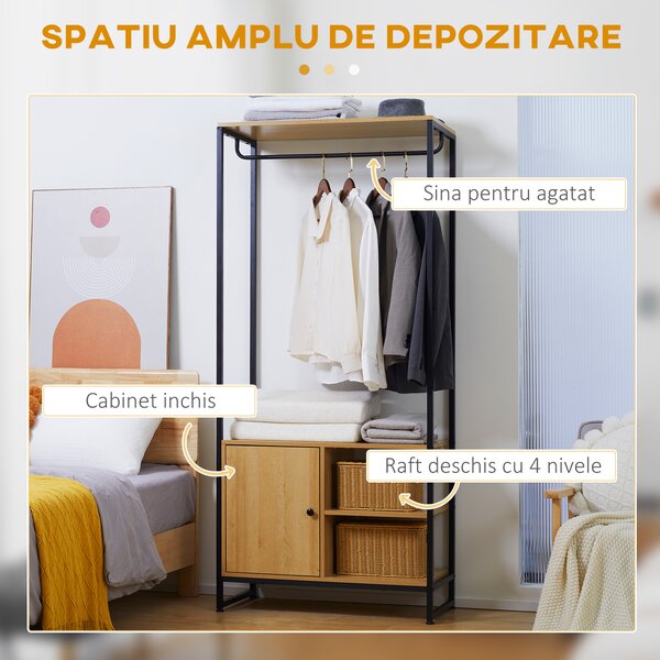 HOMCOM Cuier Industrial cu Suport pentru Haine, Rafturi Deschise și Dulap Închis, Design Modern, Metal și Lemn | Aosom Romania