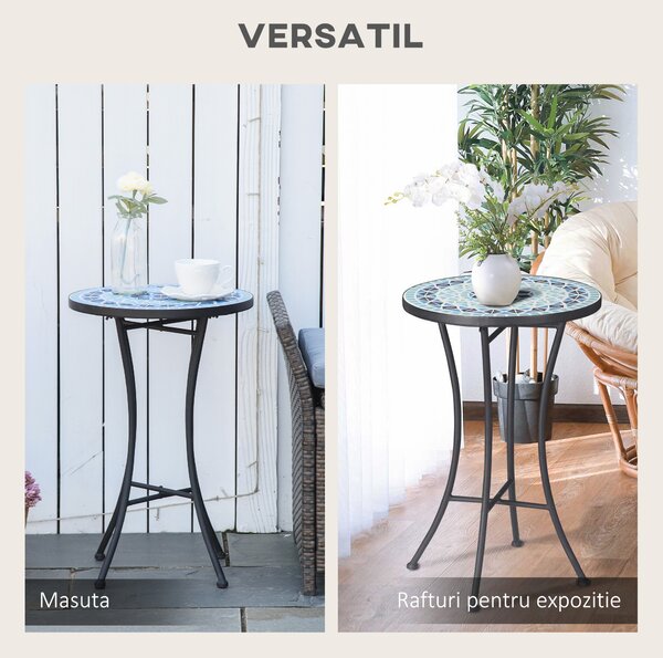 Masuta de Gradina din Metal Outsunny cu Blat din Ceramica, Design Mozaic, Albastru Ф35,5x53,5cm | Aosom Romania