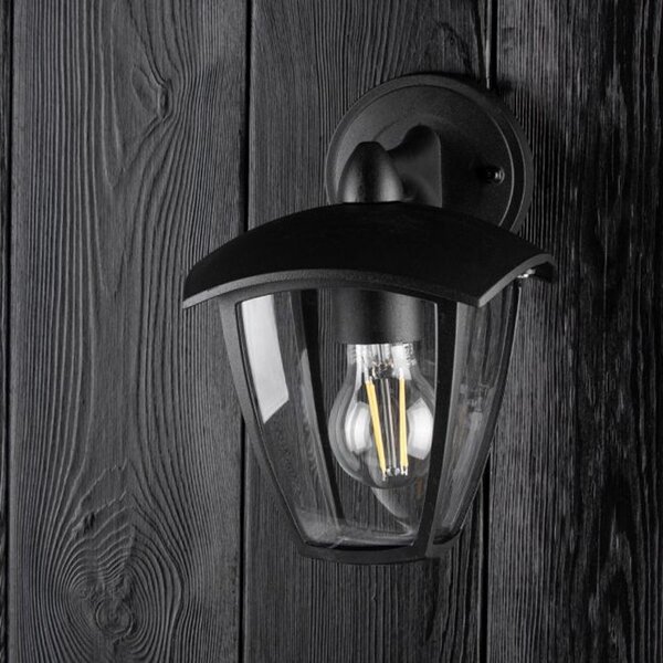 Lampa tip felinar, montare fatada, LED E27, IP44, carcasa din aluminiu, negru