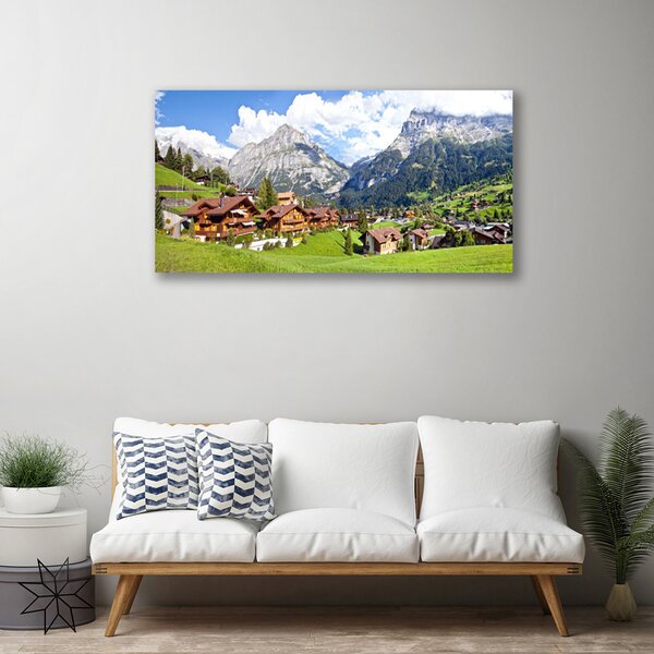 Tablou pe panza canvas Case Munte Peisaj Brun Gri Alb
