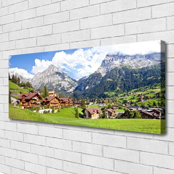 Tablou pe panza canvas Case Munte Peisaj Brun Gri Alb