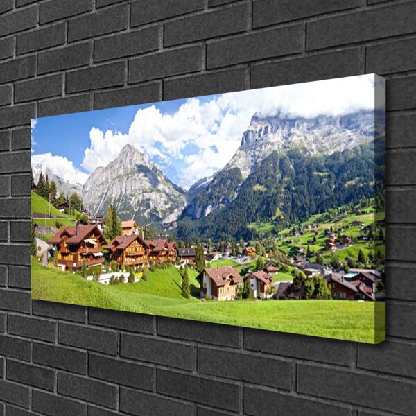 Tablou pe panza canvas Case Munte Peisaj Brun Gri Alb