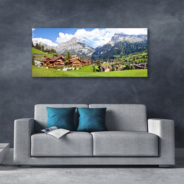 Tablou pe panza canvas Case Munte Peisaj Brun Gri Alb