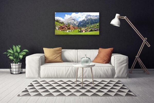 Tablou pe panza canvas Case Munte Peisaj Brun Gri Alb