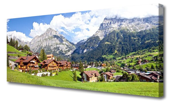 Tablou pe panza canvas Case Munte Peisaj Brun Gri Alb