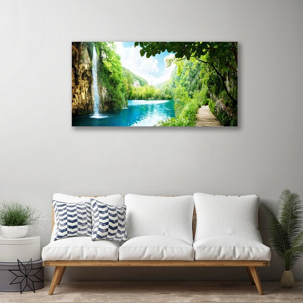 Tablou pe panza canvas Cascada Lacul Copaci Natura Alb Albastru Maro Verde