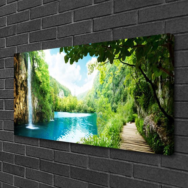 Tablou pe panza canvas Cascada Lacul Copaci Natura Alb Albastru Maro Verde