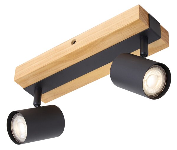 Plafoniera neagra cu lemn, 2 lumini reglabile, dreptunghiulara - Jeana
