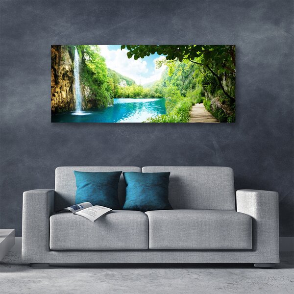 Tablou pe panza canvas Cascada Lacul Copaci Natura Alb Albastru Maro Verde