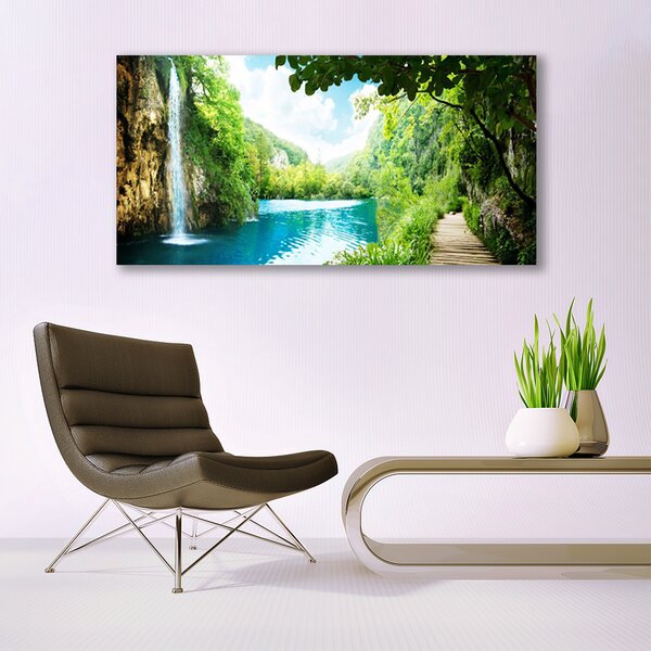 Tablou pe panza canvas Cascada Lacul Copaci Natura Alb Albastru Maro Verde