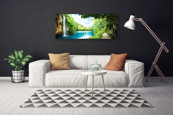Tablou pe panza canvas Cascada Lacul Copaci Natura Alb Albastru Maro Verde
