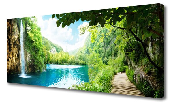 Tablou pe panza canvas Cascada Lacul Copaci Natura Alb Albastru Maro Verde