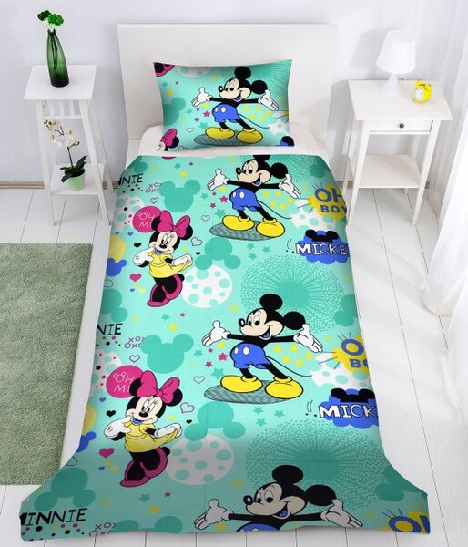 Lenjerie de pat copii Mikey & Minnie Disney fundal verde ( stoc limitat )
