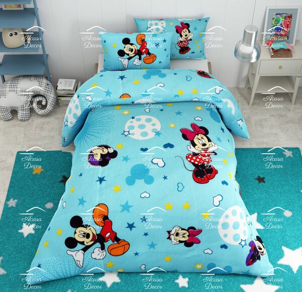 Lenjerie de pat copii Mickey si Minnie stars fundal albastru
